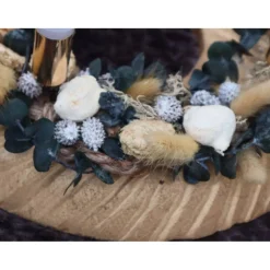 Adventskranz Holz Trockenblumen goldfarbig grün