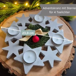 Adventskranz mit Sternen für 4 Teelichter - aus Gießbeton -weiß oder hellgrau mit Glitzer - wiederverwendbar