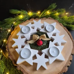 Adventskranz mit Sternen für 4 Teelichter - aus Gießbeton -weiß oder hellgrau mit Glitzer - wiederverwendbar