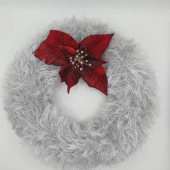 Adventskranz oder Dekokranz für Türe oder Tisch, Farbe silber mit bordeaux Blume, kuschelige weich