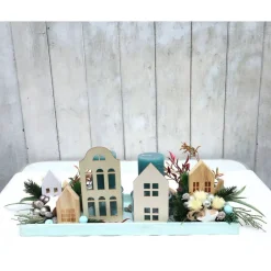 Adventskranz weiß haltbar Adventsgesteck Tischdeko Weihnachtsdeko Häuser