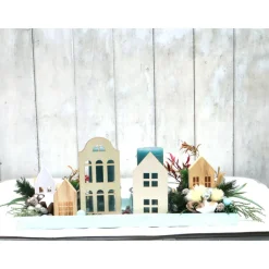 Adventskranz weiß haltbar Adventsgesteck Tischdeko Weihnachtsdeko Häuser