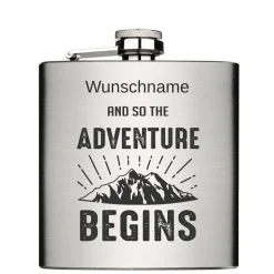 Adventure begins mit Wunschname personalisiert Edelstahl Flachmann 6oz mit Lasergravur