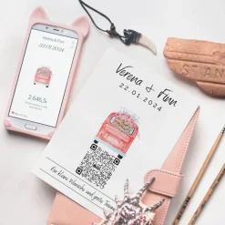 Aktien Etf Geldgeschenk | Personalisiertes Geschenk Brautpaar| QrCode Geschenkkarte | Bulli Rot