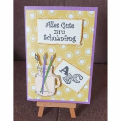 Alles Gute zum Schulanfang - Gratulationskarte , ABC , Pinsel und Glas