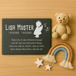 Andenken an Sternenkinder – Schiefertafel mit Namen, Datum und süßen Motiven – Erinnerung für Zuhause oder Garten