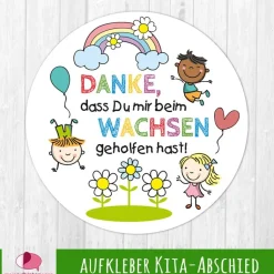 Aufkleber Kindergarten Abschied | Danke, dass Du mir beim Wachsen geholfen hast - Kinder mit Regenbogen