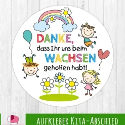 Aufkleber Kindergarten Abschied | Danke, dass Ihr uns beim Wachsen geholfen habt - Kinder mit Regenbogen