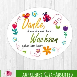 Aufkleber oval - Kindergarten Abschied | Danke, dass du mir beim Wachsen geholfen hast - Blumen - Marienkäfer - Vogel