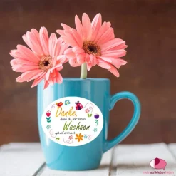 Aufkleber oval - Kindergarten Abschied | Danke, dass du mir beim Wachsen geholfen hast - Blumen - Marienkäfer - Vogel