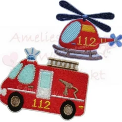 Aufnäher Bügelbild Feuerwehr Bus und Hubschrauber im Set Feuerwehrauto Applikation gestickt