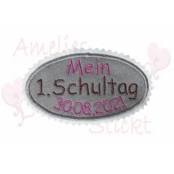 Aufnäher mein erster Schultag Button Applikation grau brombeer schultüte nähen basteln kinder schulkind gestickt zuckert