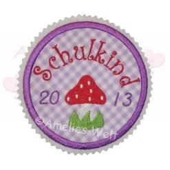 Aufnäher Schulkind  Button Applikation Bügelbild zur einschulung erster schultag lila flieder kariert gestickt