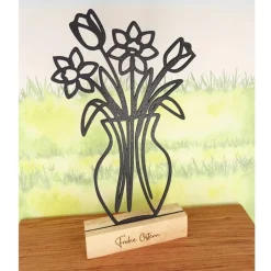 Aufsteller Blumen in Vase Lineart 3D-Druck Schwarz mit Holzsockel "Frohe Ostern" von BuntMixxDeSIGN