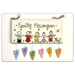 ausgefallenes Geschenk für Familien, Türschild Holz mit Namen und Figuren personalisiert, individuelles Familiengeschenk Holzschild handgemalt, dekorativ & wetterfest