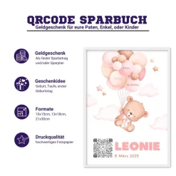 Baby Geldgeschenk | Digitales Sparkonto | Personalisiertes QrCode Bild | Motiv Geburt Rosa