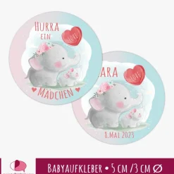Babyaufkleber zur Geburt | niedliche Elefanten mit Luftballonherz - Watercolor