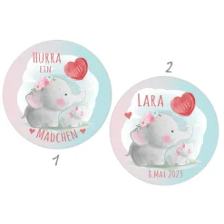 Babyaufkleber zur Geburt | niedliche Elefanten mit Luftballonherz - Watercolor