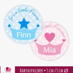 Babyaufkleber zur Geburt | Prinz - Prinzessin - Krone mit Herz oder Stern