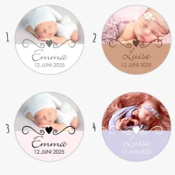 Babyaufkleber zur Geburt | Herz Ornament -  personalisierbar mit Babyfoto, Name und Geburtsdatum
