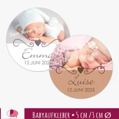 Babyaufkleber zur Geburt | Herz Ornament -  personalisierbar mit Babyfoto, Name und Geburtsdatum