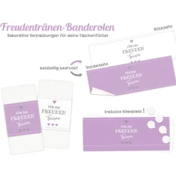 Banderolen Für die Freudentränen Flieder-Weiß zweiseitig bedruckt mit Klebepunkt zum Verschließen - Hochzeit Taschentuch Papierbanderole Taschentuchhalter