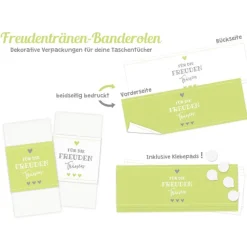 Banderolen Für die Freudentränen Hellgrün-Weiß zweiseitig bedruckt mit Klebepunkt zum Verschließen - Hochzeit Taschentuch Papierbanderole Taschentuchhalter