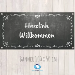 Banner Event 100 x 50 cm - personalisierbar | Tafeloptik mit Ornamenten - Herzlich Willkommen oder Wunschtext