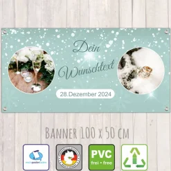 Banner Event 100 x 50 cm - personalisierbar mit 2 Fotos und Wunschtext | Schneesterne-Glitzer