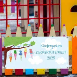 Banner Kinderevent 100 x 50 cm  | Bunte Kindermotive - personalisierbar mit Wunschtext - Kindergarten