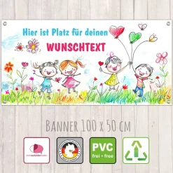 Banner Kinderevent 100 x 50 cm  | Fröhliche Kinder - Luftballon - personalisierbar mit Wunschtext - Kindergarten