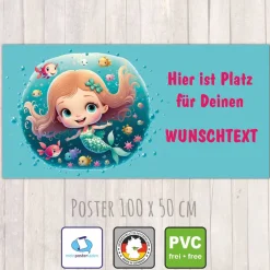 Banner Kinderparty - 100 x 50 cm | Niedliche Meerjungfrau mit kleinen Fischen - mit Wunschtext personalisierbar