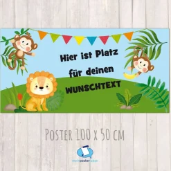 Banner Kinderparty - 100 x 50 cm | Äffchen und Löwe - mit Wunschtext personalisierbar