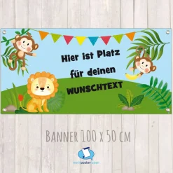 Banner Kinderparty - 100 x 50 cm | Äffchen und Löwe - mit Wunschtext personalisierbar