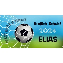 Banner zur Einschulung - 100 x 50 cm | Fußball - Jetzt gehts rund - Endlich Schule - blau grün