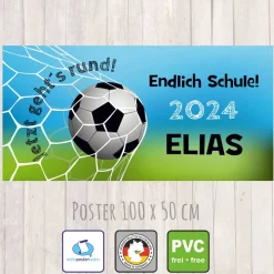 Banner zur Einschulung - 100 x 50 cm | Fußball - Jetzt gehts rund - Endlich Schule - blau grün