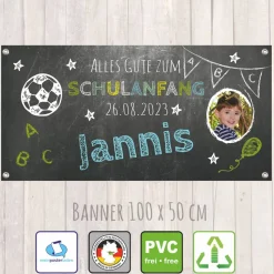 Banner zur Einschulung - Fußball - 100 x 50 cm - mit Foto personalisierbar | Tafeloptik - Schulanfang