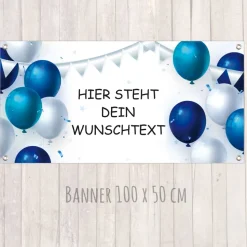 Banner zur Einschulung - Kinderparty - Jubiläum 100 x 50 cm | Bunte Luftballons - blau silbern