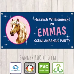 Banner zur Einschulung 100 x 50 cm  | Pony mit Sternchen - dunkelblau