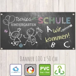 Banner zur Einschulung 100 x 50 cm | Tafeloptik Tschüss Kindergarten - Schule wir kommen