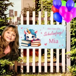 Banner zur Einschulung 100 x 50 cm  | Alles Gute zum Schulanfang - Einhorn mit Büchern - rosa blau - Aquarell-Design