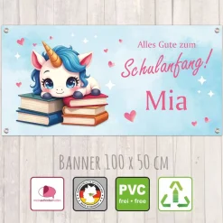 Banner zur Einschulung 100 x 50 cm  | Alles Gute zum Schulanfang - Einhorn mit Büchern - rosa blau - Aquarell-Design