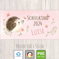 Banner zur Einschulung 100 x 50 cm  | Schulkind - Igel - Aquarell-Design