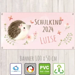 Banner zur Einschulung 100 x 50 cm  | Schulkind - Igel - Aquarell-Design