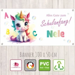 Banner zur Einschulung 100 x 50 cm  | Alles Gute zum Schulanfang - Einhorn mit Seifenblasen - Aquarell-Design