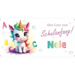 Banner zur Einschulung 100 x 50 cm  | Alles Gute zum Schulanfang - Einhorn mit Seifenblasen - Aquarell-Design