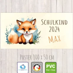 Banner zur Einschulung 100 x 50 cm  | Schulkind - Fuchs Aquarell-Design