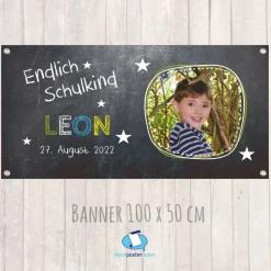Banner zur Einschulung 100 x 50 cm - mit Foto personalisierbar | Tafeloptik Sternchen