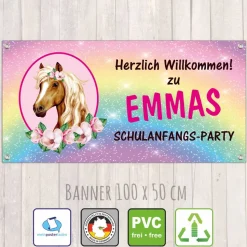 Banner zur Einschulung 100 x 50 cm  | Pony - mit Glitzer Regenbogen