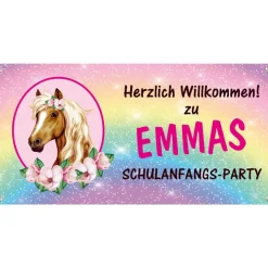Banner zur Einschulung 100 x 50 cm  | Pony - mit Glitzer Regenbogen